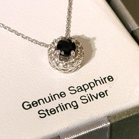 Sterling Silver Blue Sapphire & Diamond Necklace & Earrings Sept Birthstone DH1 - Picture 2 of 16